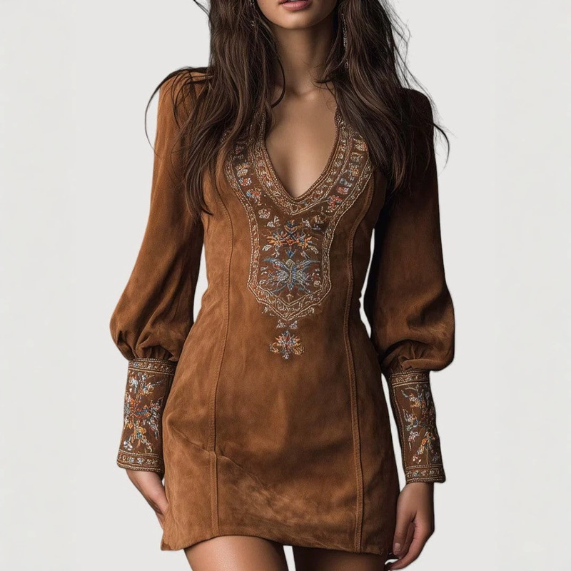 European and American Women's Dress, Western Retro Style, Caramel-Colored Suede, Deep V-Neck, Lantern Sleeves, Ethnic Style Embroidered Short Skirt