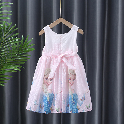 Princess Elsa Snow Queen Cartoon Print Children's Bow Blouse Dress Pure Cotton Middle and Big Children's Dress