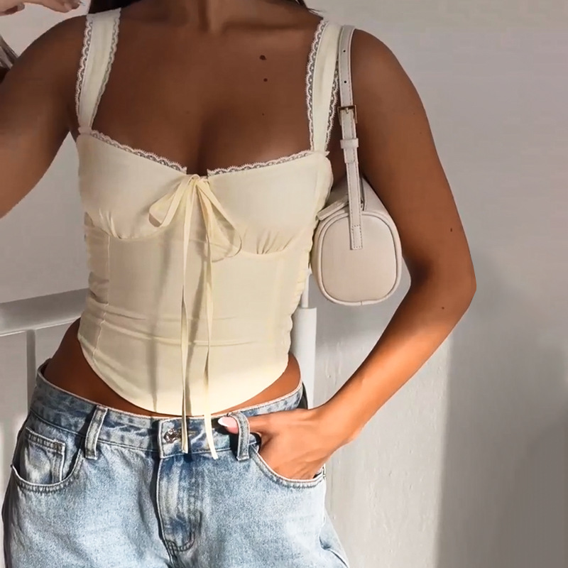 54g Weight Polyester Fabric Type Short Top Length Vest Tops Type Casual, Holiday, Daily Occasion Strap Neckline Slim Fit Type Solid Color Pattern Summer, Spring Season Women's Gender Lace Design Sexy Style Apricot, Brown, Black Color Wholesale Women's Sexy Solid Color Apricot Brown Black Lace Tank Tops 3