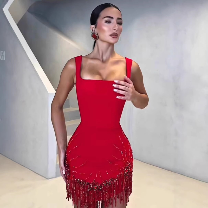 New Bandage Dress, European and American Style Dress, Sexy Strapless Dress with Tassels and Rhinestones, Cross-Border Women's Dress, Evening Gown New Bandage Dress, European and American Style Dress, Sexy Strapless Dress with Tassels and Rhinestones, Cross-Border Women's Dress, Evening Gown
