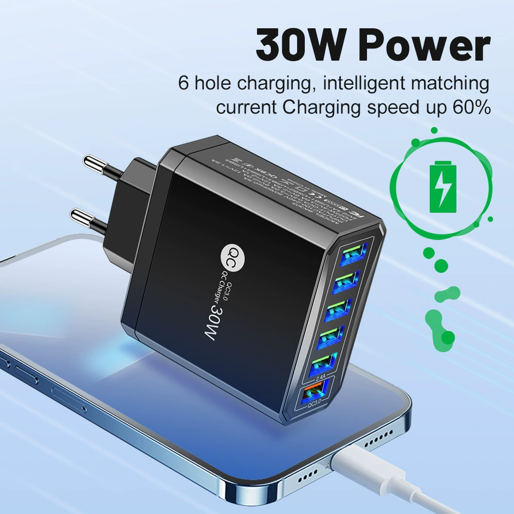 6-портовое QC3.0 зарядное устройство для мобильных, многопортовая быстрая зарядка, 30W, европейская/американская/британская/корейская вилка
