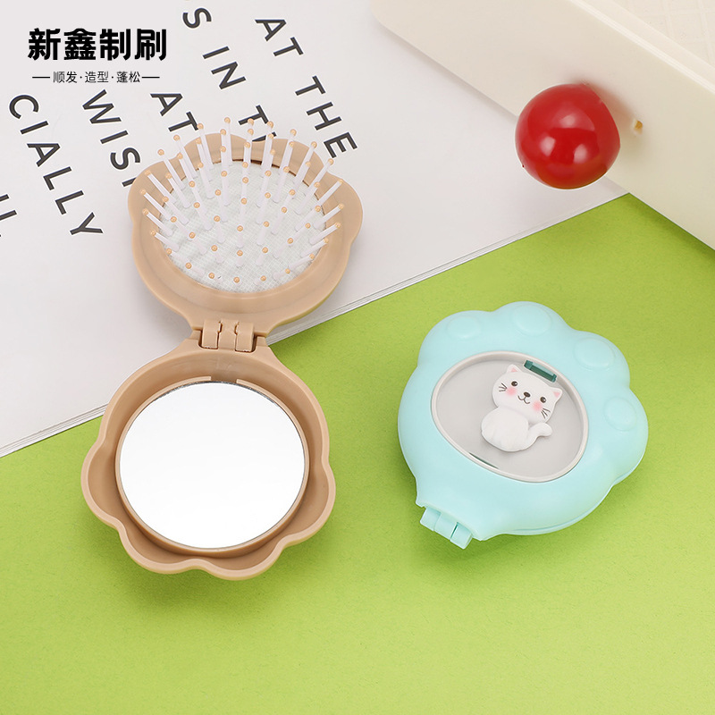 可爱猫爪镜梳卡通造型折叠梳带镜子一体儿童梳软齿气囊梳气垫梳