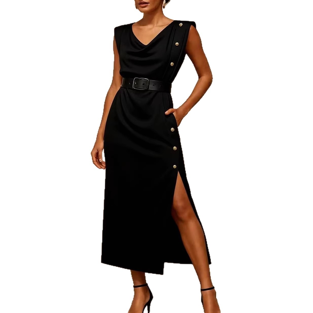 Women's Clothing Summer Women's Button Sleeveless Slit Dress Waist Cinching Commuter Style For Formal & Casual For Women_ecoleips.com