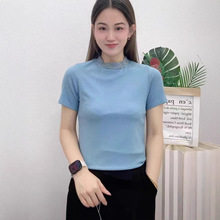 修身显瘦新款女装小版型手工钉钻领简约大气短袖t恤