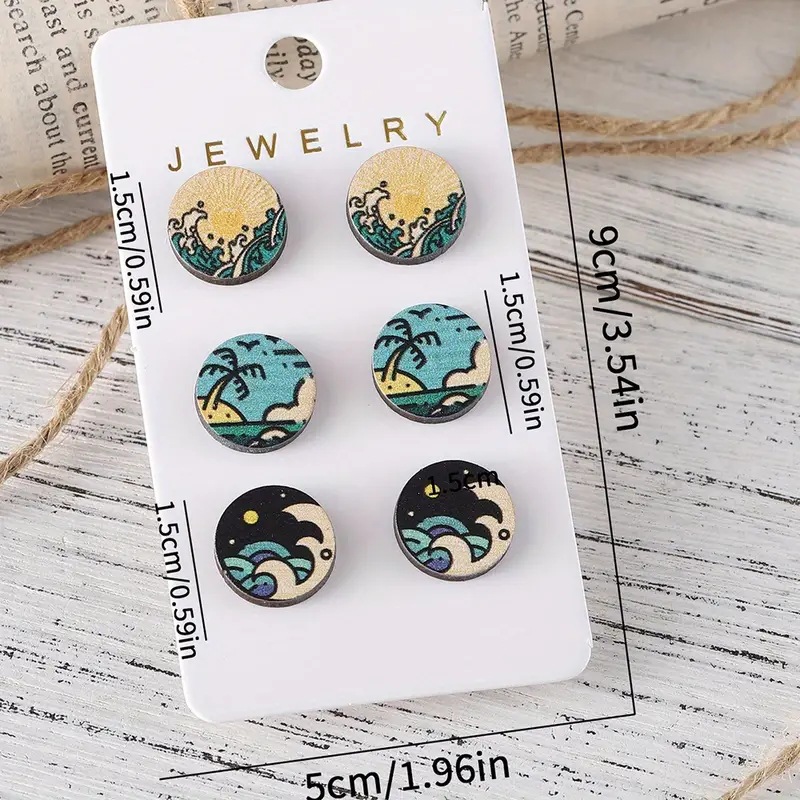 1 Set Simple Style Classic Style Waves Printing Wood Ear Studs display picture 3