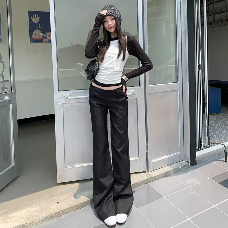 橙绢女装#秋冬新款美式黑色低腰西装喇叭裤女修身显瘦休闲拖地裤