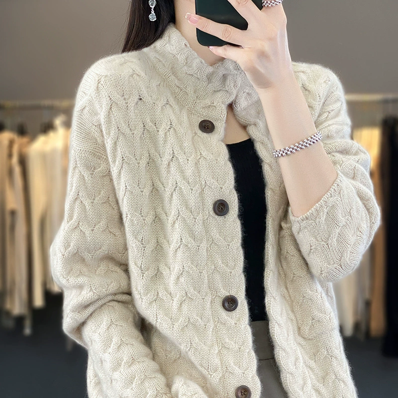 Cashmere cardigan, solid woolen long-sleeve, sweater, increased thickness, oversize