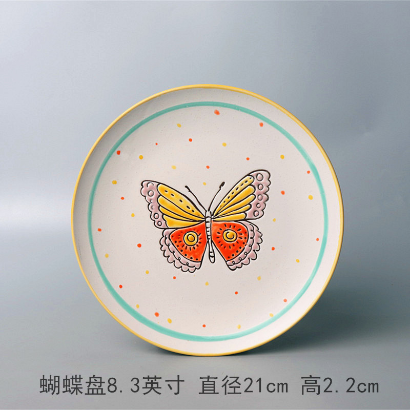 ヨーロッパ式円形大皿陶磁器手描き釉薬下果物クリエイティブケーキ皿家庭用料理皿円形ステーキ皿皿皿|undefined