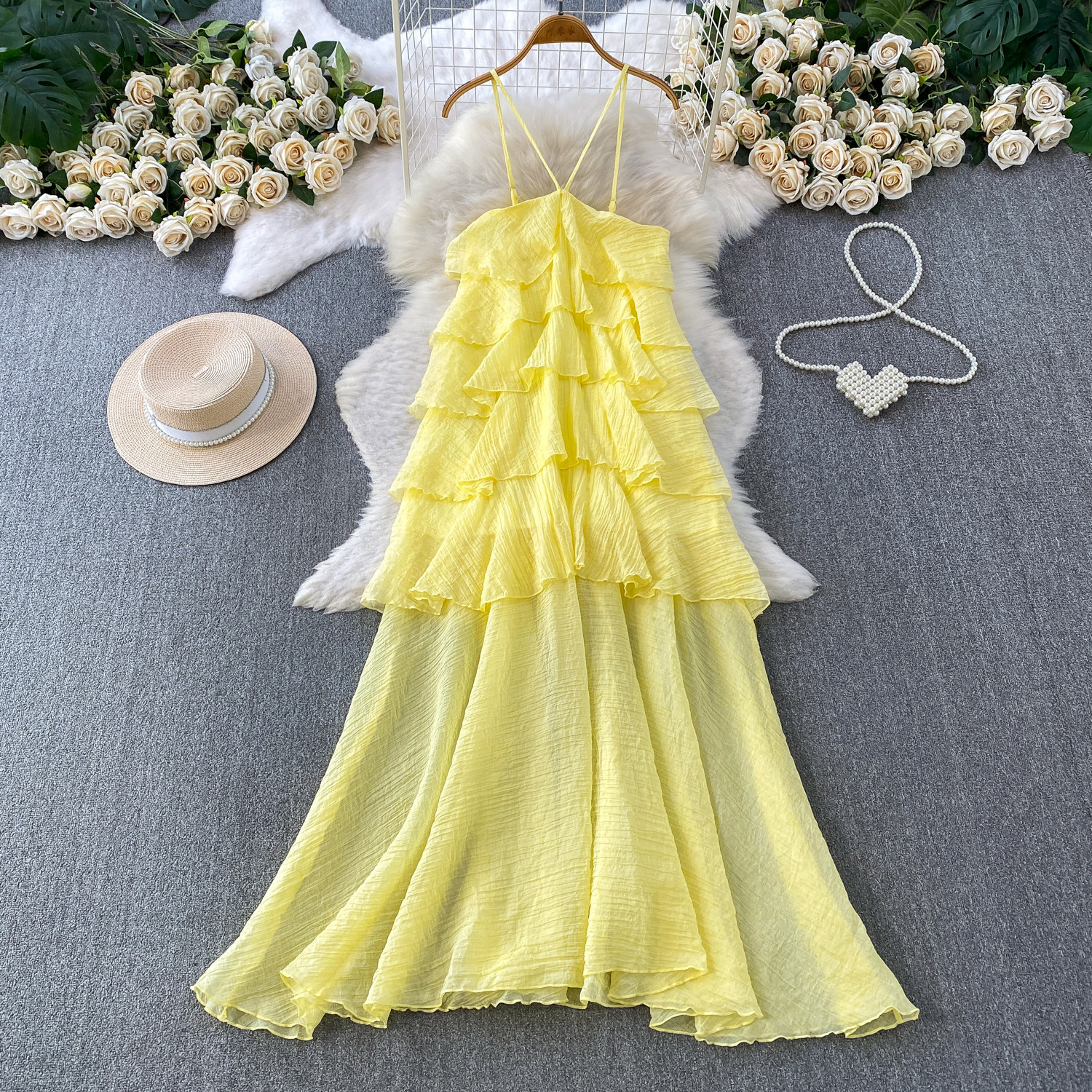 Women's Backless Maxi Dress With Spaghetti Straps, Flowy Beach Cover Up With Ruffle Hem, Sexy Boho Evening Gown For Vacation_ecoleips.com