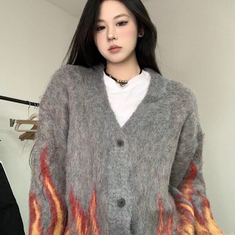 Retro lazy flame mohair knitted cardigan 2023 autumn and winter new men's and women's high-grade sweater coat fashion