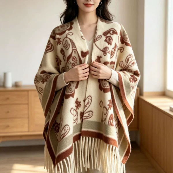 New ethnic-style, thick, open-front, fringed, floral-patterned shawl cape, perfect for autumn and winter, providing warmth, suitable for travel, versatile for various outfits, and ideal for photoshoots