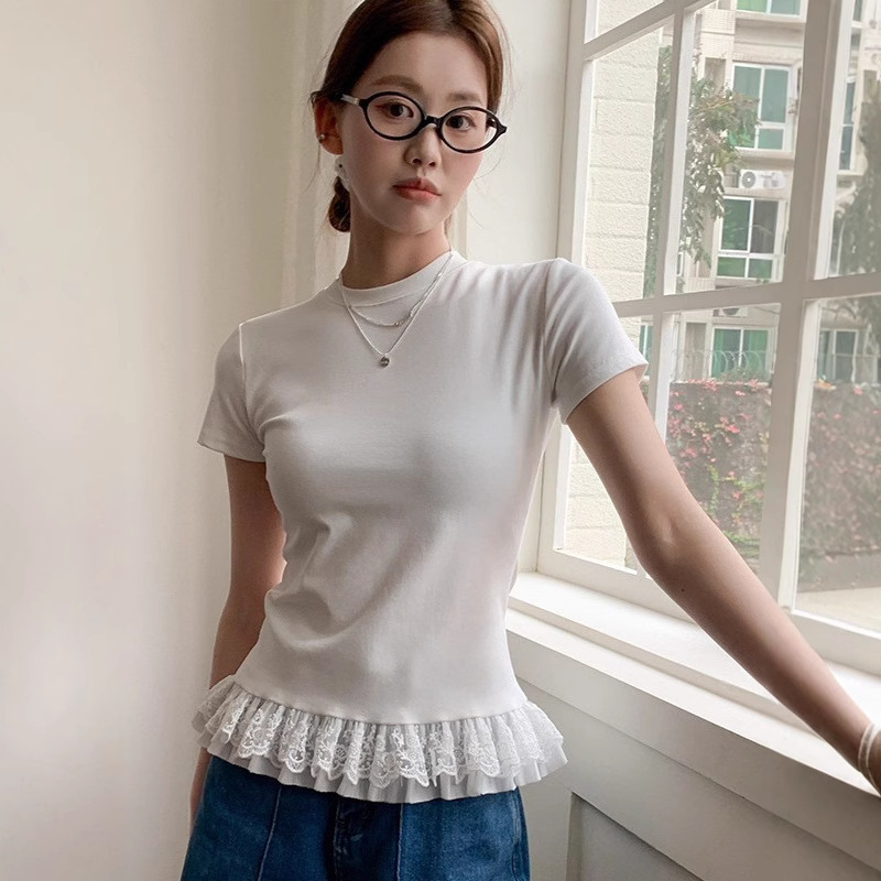 Cotton Versatile White Lace Short-Sleeved T-Shirt for Women Summer New Style Slim-Fitting Short Top for Inner Wear and Outer Wear