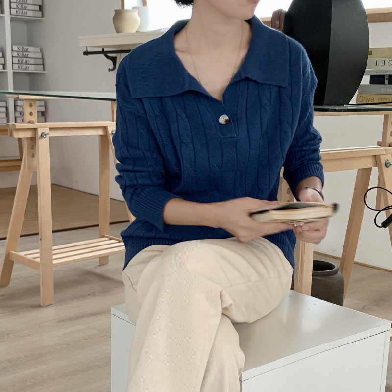 Nuevo suéter de viento perezoso con solapa coreana suelta estilo extranjero torcido chaqueta de moda camiseta de punto de mujer image 4