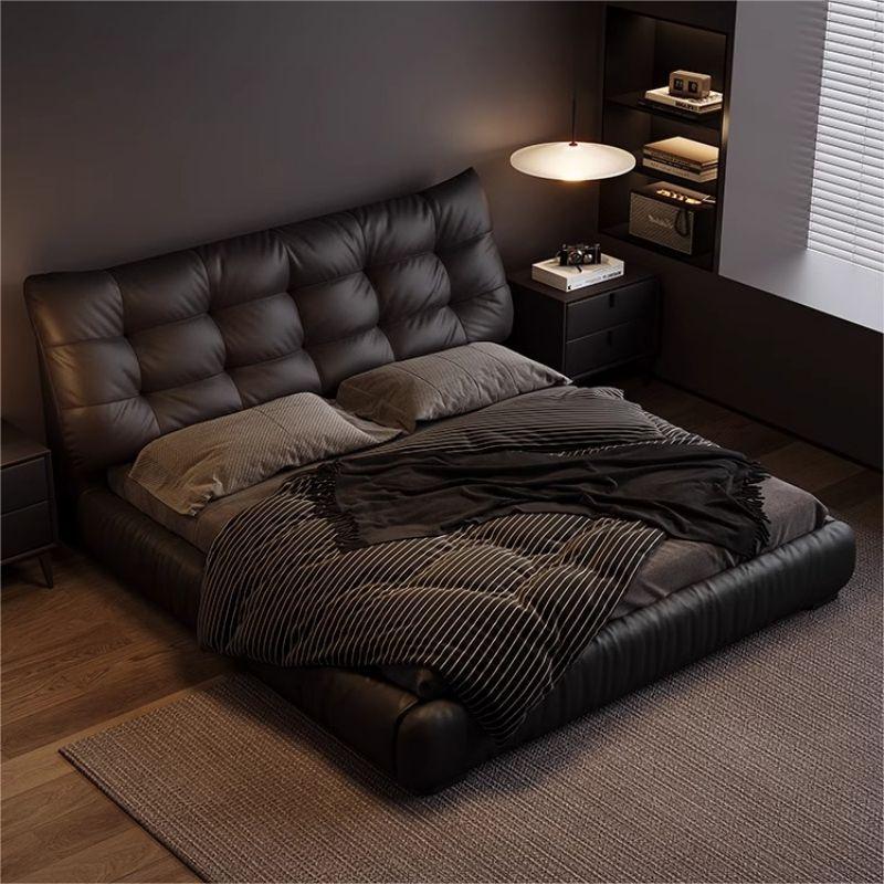 Cama de cuero minimalista italiano, dormitorio principal simple, bolso suave, cama doble, diseño de lujo ligero, cama de nube de soplo, atmósfera de alta gama image 4