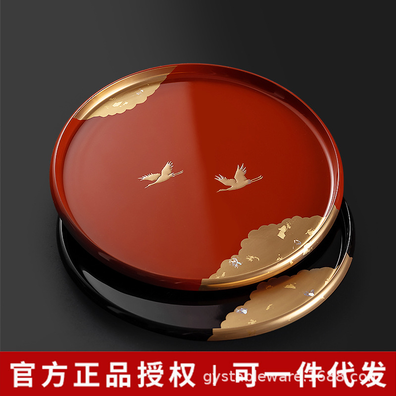 Japan Imported Shanjia Lacquer Resin Round Tray Japanese Handmade Crane Tea Cup Lacquer Tray Dry Tea Tray Fruit Tray