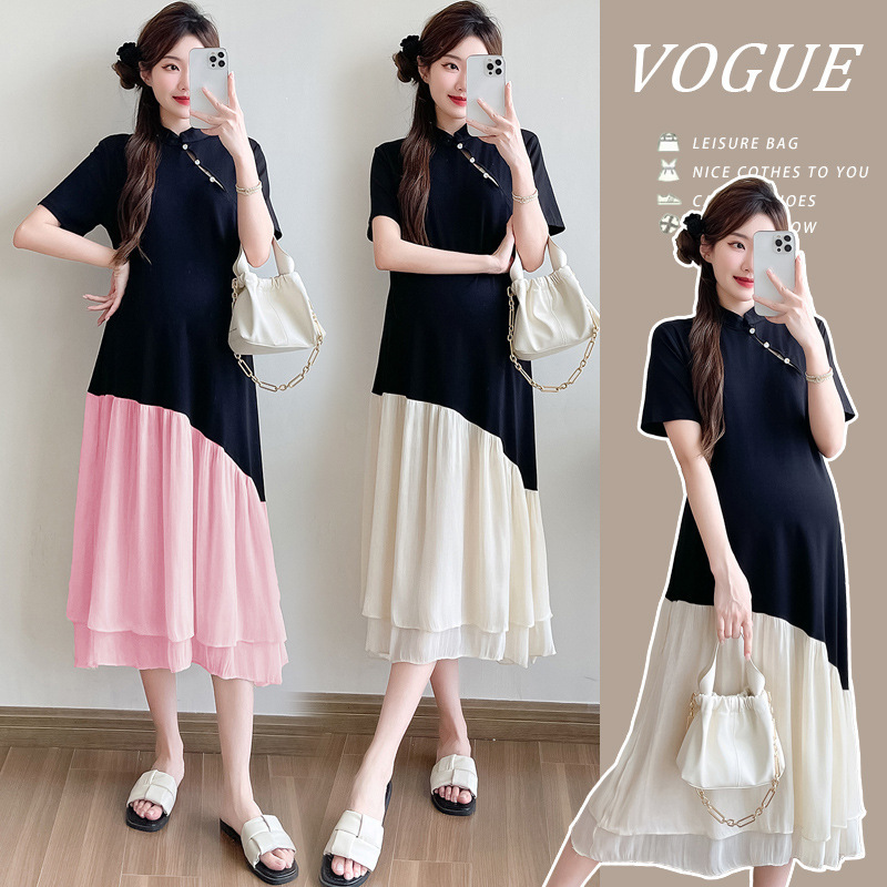 2026 Retro New Chinese Style National Style Color-Blocking High-End Irregular Design Loose Maternity Dress Cotton 2026 Retro New Chinese Style National Style Color-Blocking High-End Irregular Design Loose Maternity Dress Cotton