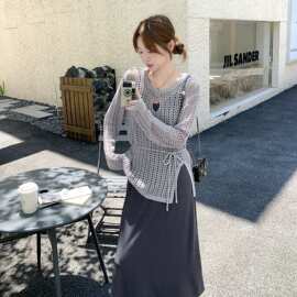 法式镂空罩衫针织衫女外搭防晒衣上衣修身显瘦吊带连衣裙两件套
