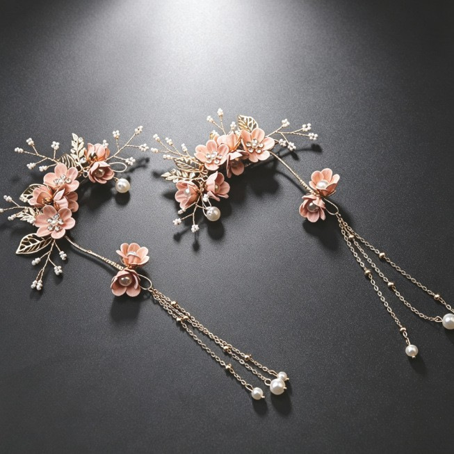 New European and American bridal hair accessories, handmade pearl flower earrings, vintage tree leaf crown earrings with tassels, Amazon