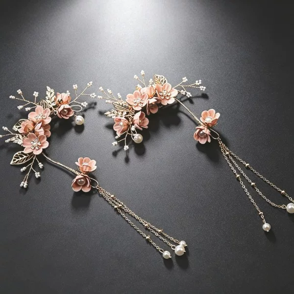 New European and American bridal hair accessories, handmade pearl flower earrings, vintage tree leaf crown earrings with tassels, Amazon