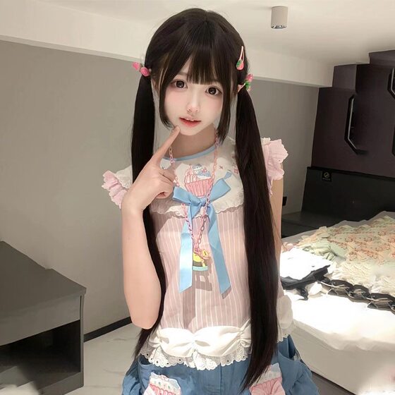 Wig female jk sweet sister little rose natural black gentle lolita with sideburns 85cm long straight bangs full head cover