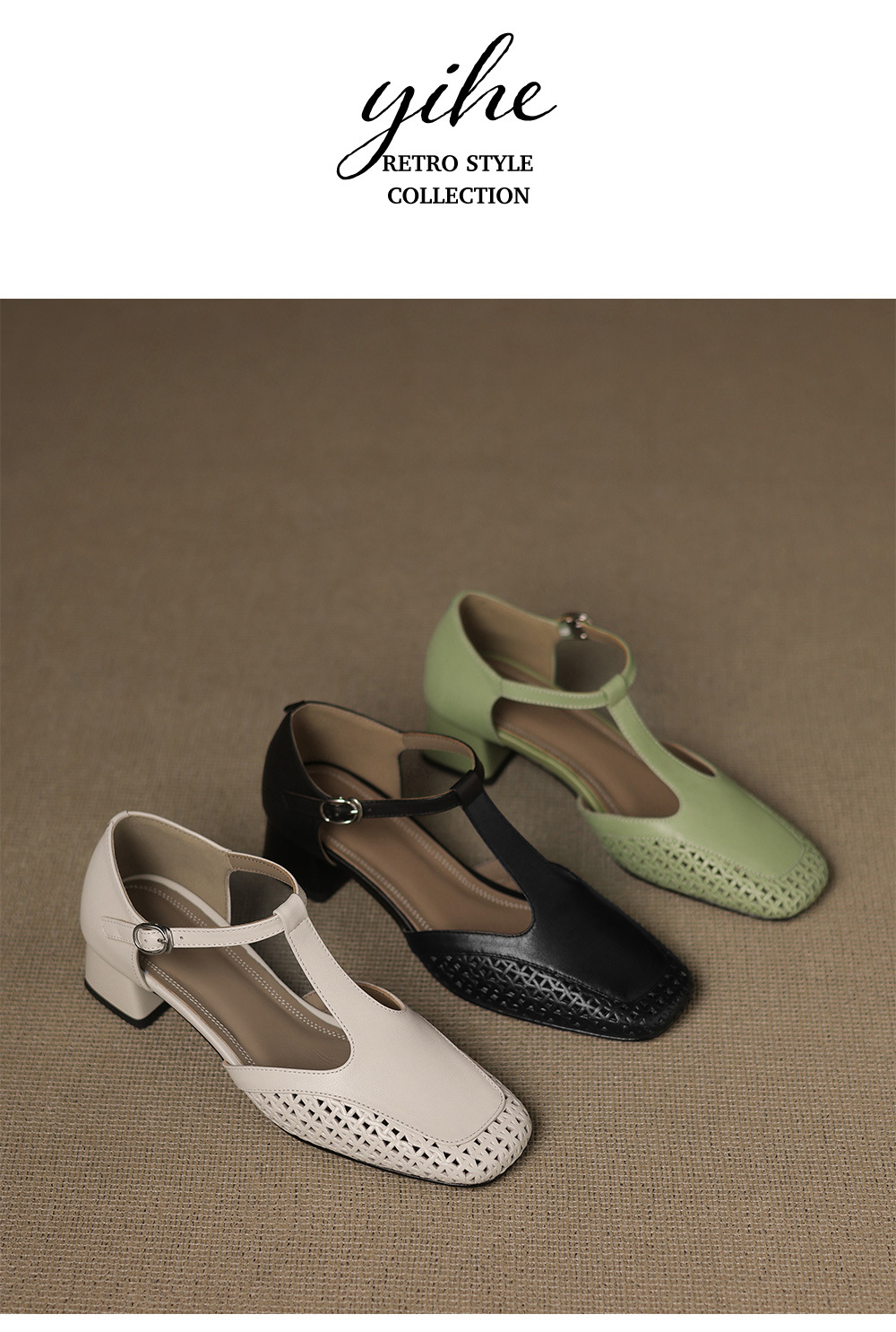 Sandal quai chữ T bít mũi da bò lớp đầu gót thô 4cm đục lỗ thoáng khí — Màu đen chi tiết 18