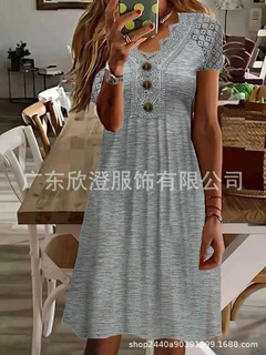 现货夏欧美跨境亚马逊独立站wish外贸爆款纯色蕾丝拼接V领短袖连