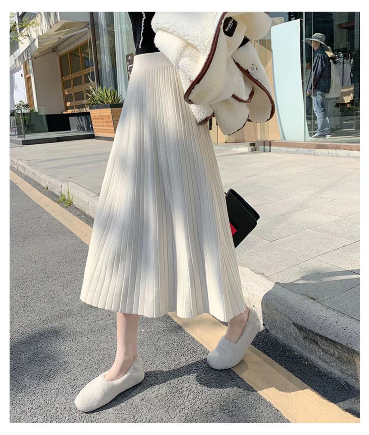 A-Linien-Rock mit hoher Taille – Ausgestellter Midi-Faltenrock (Schwarz/Grau/Beige/Khaki, Einheitsgröße)_voghion.com