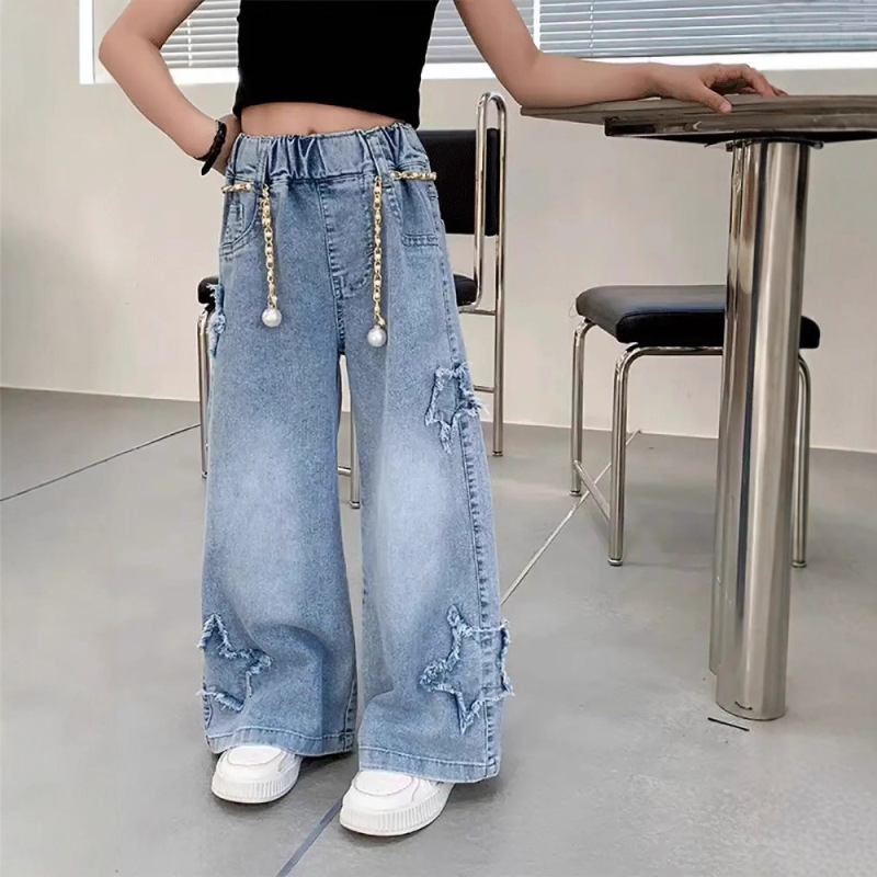 新款女童牛仔阔腿裤春秋款中小童韩版宽松毛边秋季洋气女宝长裤子|undefined