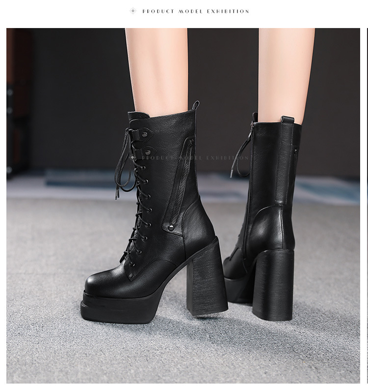 Boot nữ cổ trung dây buộc đế platform gót cao 12 cm — Lót lông đen chi tiết 7