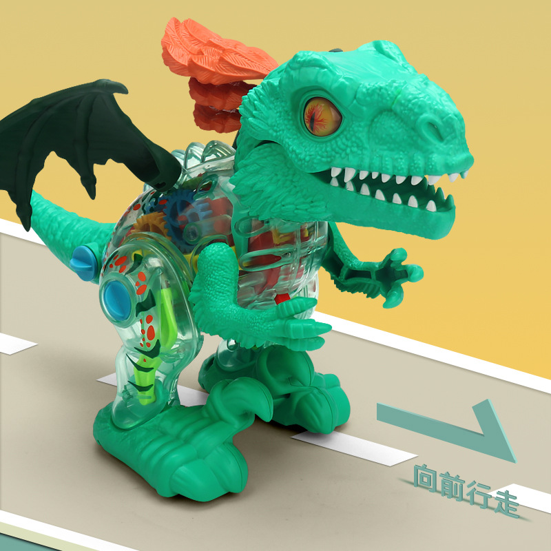 Nuevo engranaje transparente eléctrico dinosaurio música luz automática caminando llama dragón montado dinosaurio modelo de simulación