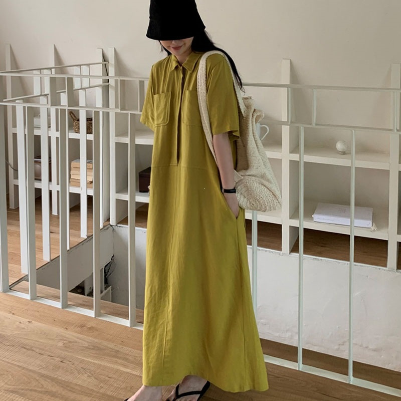 Korean-Style Casual Turn-Down Collar Short-Sleeve Shirt Dress for Women with Double Pockets, Loose Fit, Flattering, Mustard Yellow, Long Lazy Dress Korean-Style Casual Turn-Down Collar Short-Sleeve Shirt Dress for Women with Double Pockets, Loose Fit, Flattering, Mustard Yellow, Long Lazy Dress
