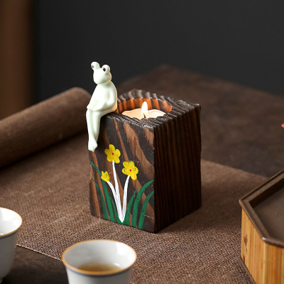 跨境碳化木质蜡烛台氛围青蛙烛台家用松木香座香插蜡烛托婚礼装饰