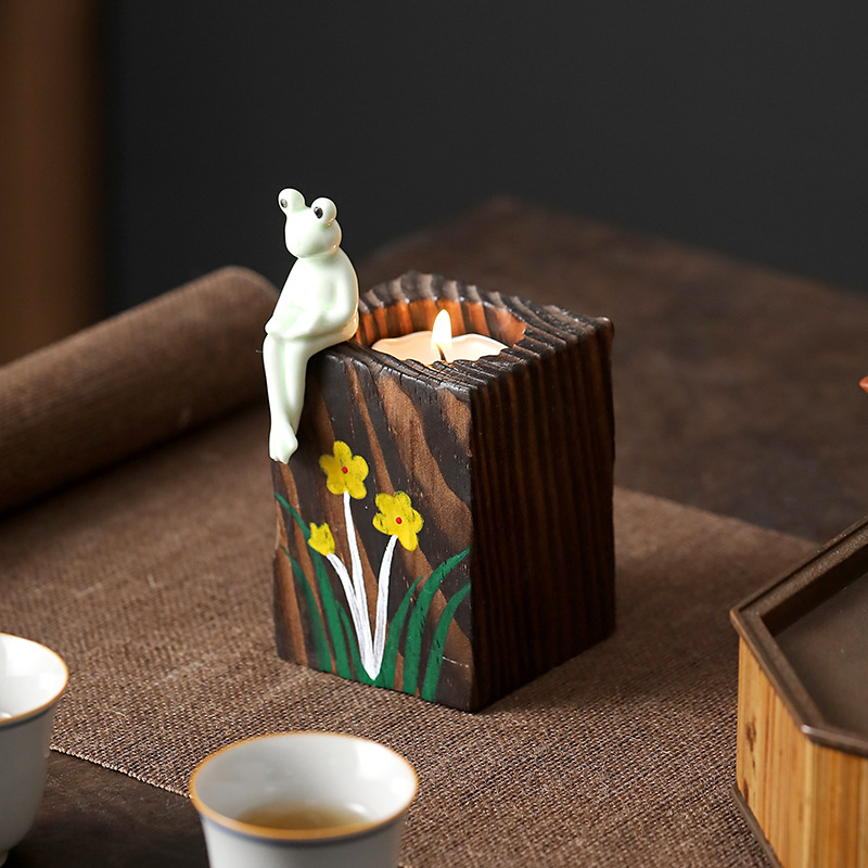 跨境碳化木质蜡烛台氛围青蛙烛台家用松木香座香插蜡烛托婚礼装饰