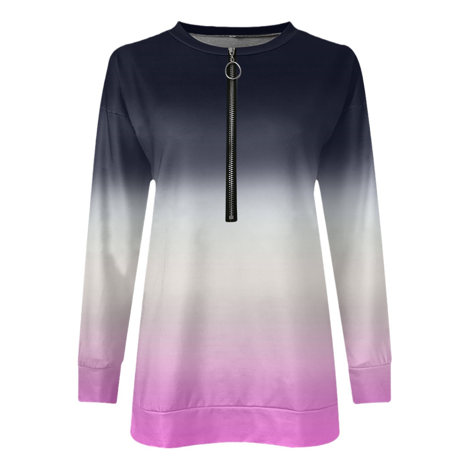 2025 New Women's Round Neck Zipper Long Sleeve Top Gradient Color Printed T-Shirt Sweatshirt For Women_voghion.com