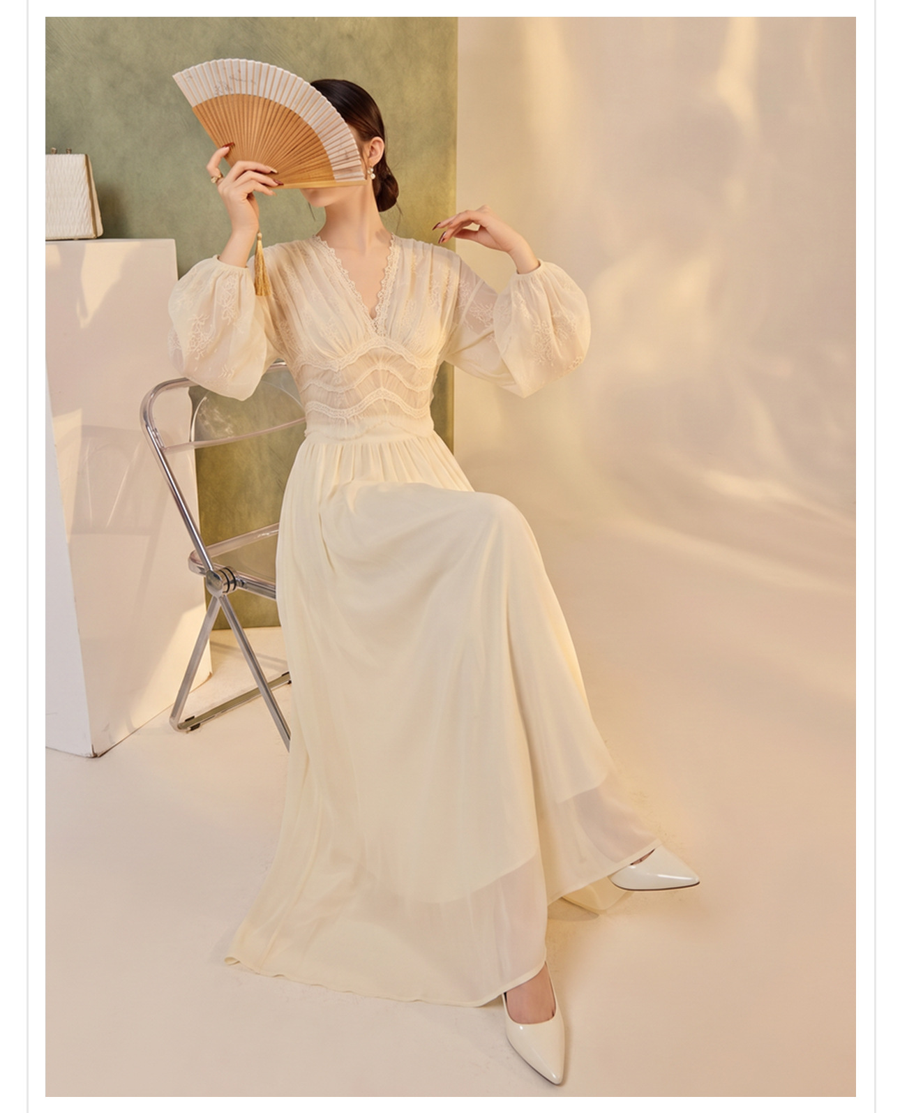 Váy maxi ren thêu lưới tay phồng lồng đèn cổ V thắt lưng dáng suông — áo, bộ đồ, nửa váy chi tiết 5