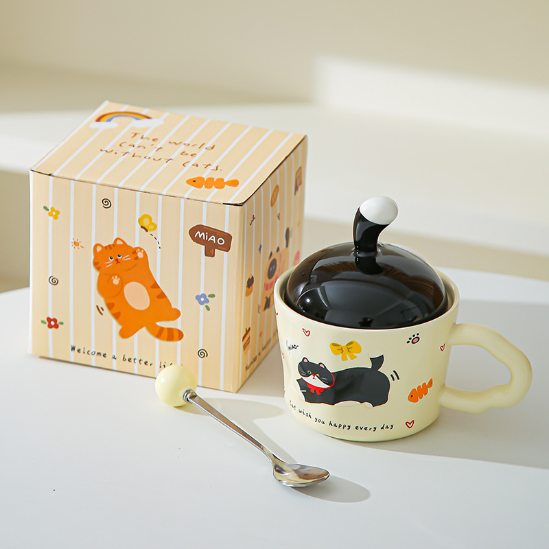 Divertido gato de dibujos animados tazas con cubierta de oficina adorable ins tazas de cerámica tazas de regalo creativas personales