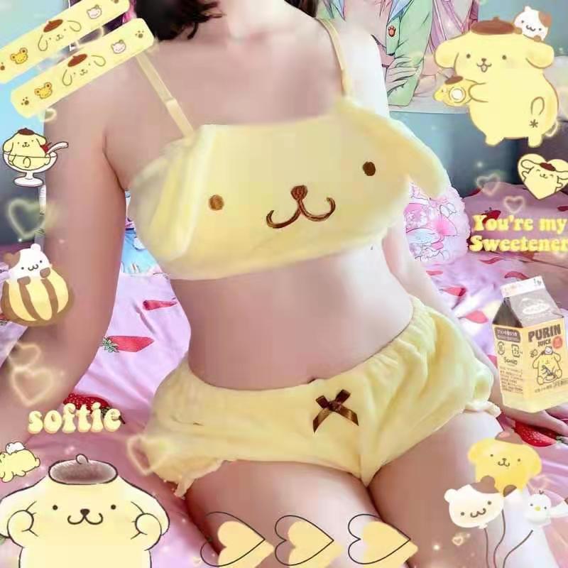 Ropa interior Linda patrón de dibujos animados Correa hombro japonés suave chica Rosa negro seda la leche tubo felpa sujetador superior traje
