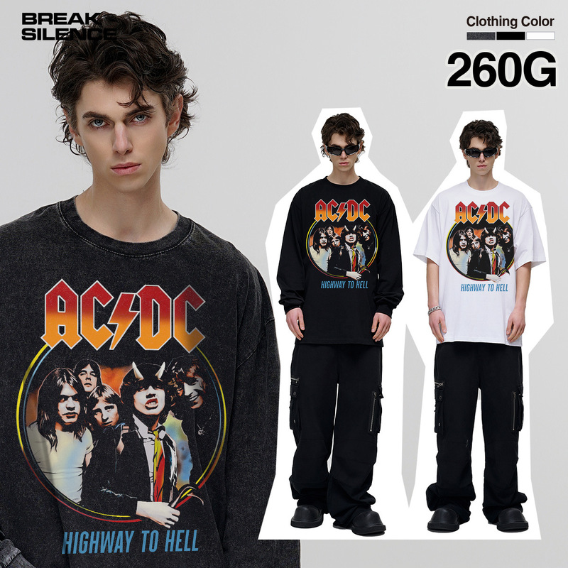 ACDC Rock Band Heavy Washed Short-sleeved T-shirt Men's and Women's American Retro Cross-border Pure Cotton Old Printed Top