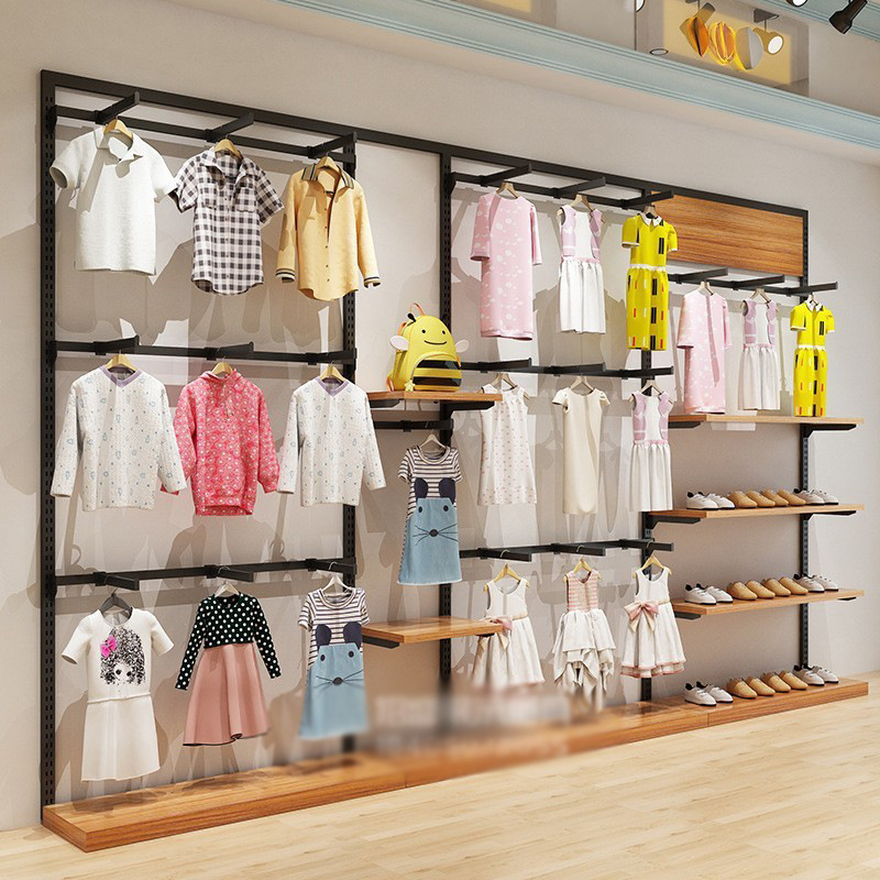 Estante de exhibición de la tienda de ropa para niños combinación de pared estante de ropa para niños percha de piso estante de exhibición en forma de Casa simple