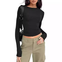 クロスボーダーヨーロッパとアメリカのボトリングシャツ女性の半袖スリム長袖ベーシックラウンドネックトップスリムミルクシルク婦人服