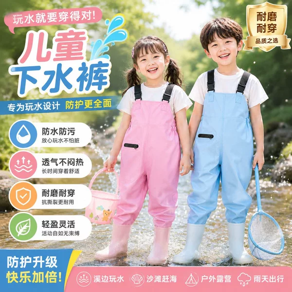 Waterproof wetsuit for autumn, suitable for beachcombing, featuring a full-body waterproof design, rain pants, and rain boots, all in one piece, ideal for kindergarten activities