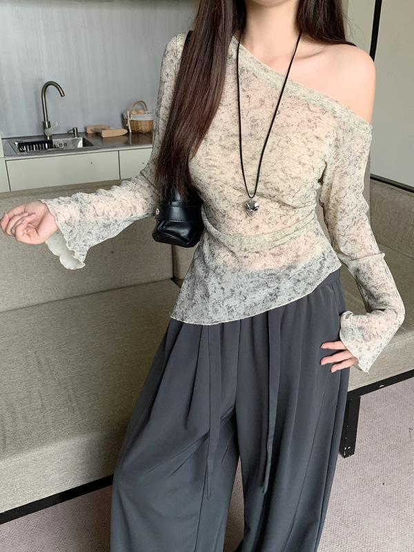 大码女装秋季斜肩木耳花边袖口下摆设计网纱高级感上衣T恤|undefined