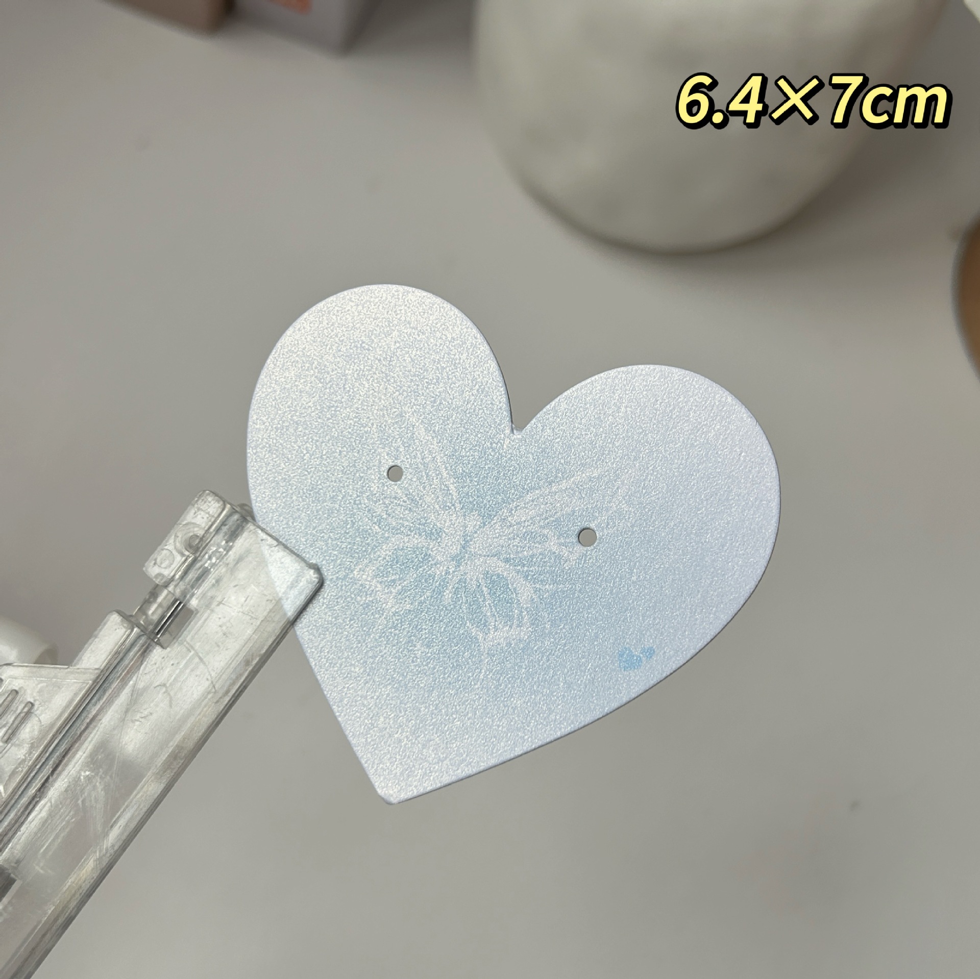 Pearlescent blue butterfly 6.4x7cm; spot jewelry card