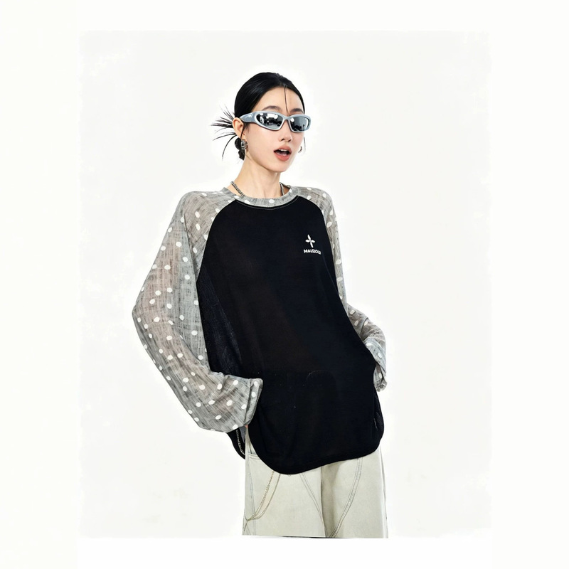 American Retro High-End Polka Dot Raglan Long-Sleeved T-Shirt for Women, Summer Casual Slimming Breathable Sun Protection Cover-Up Top
