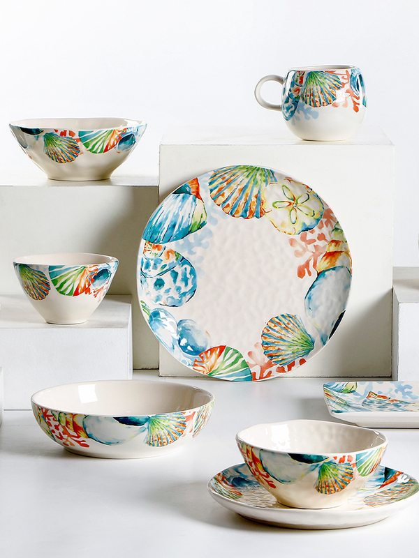 Ocean Style Ceramic Bowl Creative Underglaze Color Household Rice Bowl Combination Personalized Large Soup Bowl and Basin