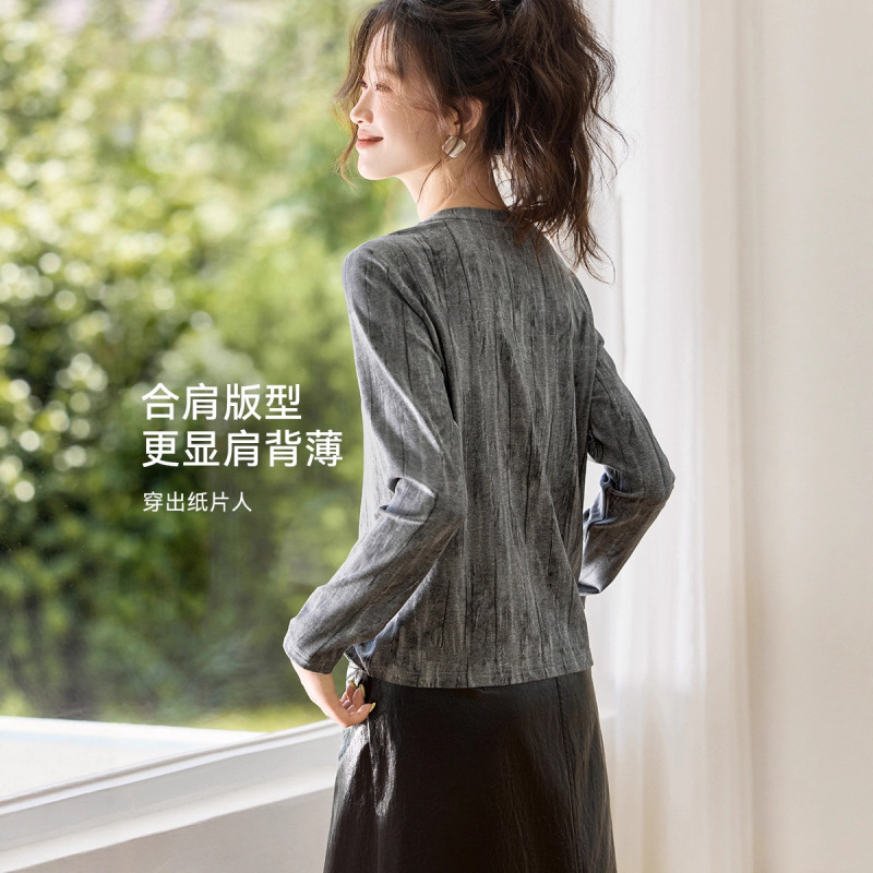 晕染肌理感长袖2025秋季新款时尚休闲基础扎染圆领T恤女|undefined
