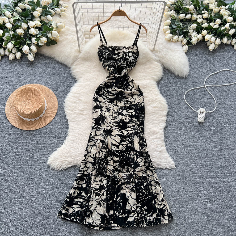 Foreign Trade Classy Women's Dress Summer Dress French Fashion Sequin Glitter Print Suspender Waist Slim Fishtail Dress
