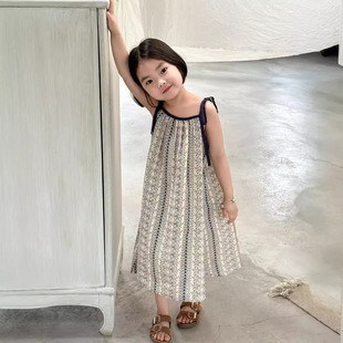 2025 New Summer Korean Children's Clothing Korean Style Lace-Up Cute Floral Loose Girls' Dress