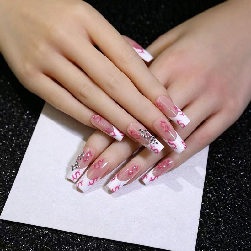 Handmade press-on nails, sweet and cool pink glitter dollar sign French style nail tips, long tapered shape with rhinestones, detachable for a hot girl look Handmade press-on nails, sweet and cool pink glitter dollar sign French style nail tips, long tapered shape with rhinestones, detachable for a hot girl look