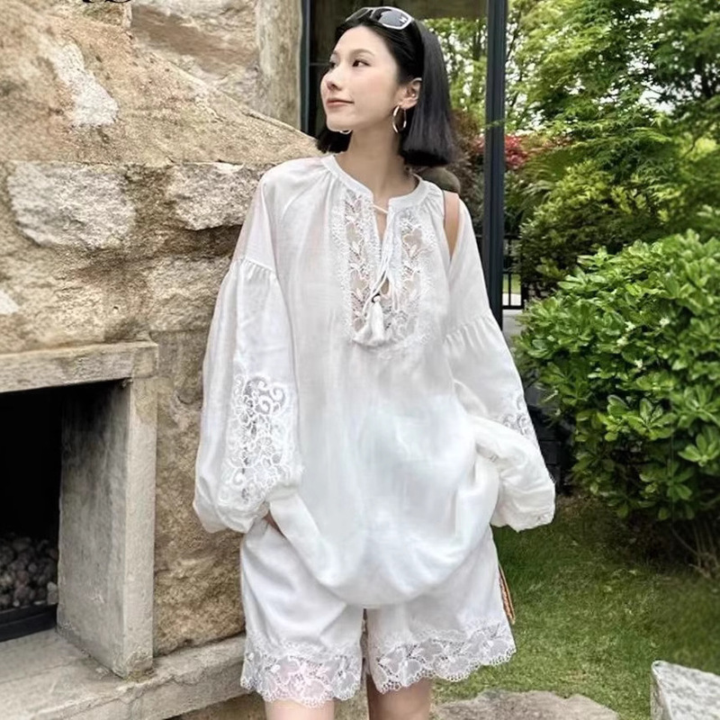 In Stock Bohemian Resort Style 2025 Summer Embroidered Hollow-Out Ramie Shirt Top + Lace Shorts Odtd
